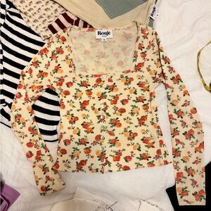 Rouje XS, Cream/Orange Floral Button-Front Long Sleeve Tee